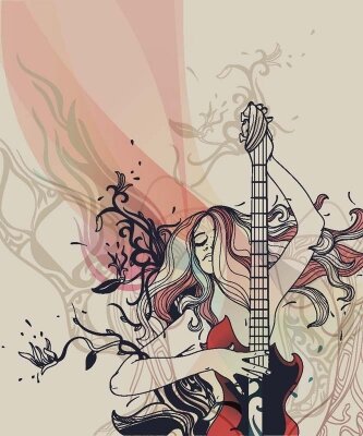 Арт фотообои рисунок девушки с гитарой