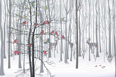 Арт фотообои снегири в лесу